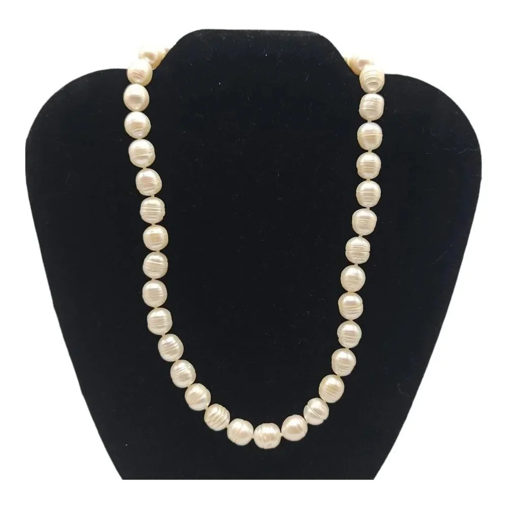 Natural Rice White Pearl Cultured Necklace 9.5 - 10 mm Sterling Clasp NOS